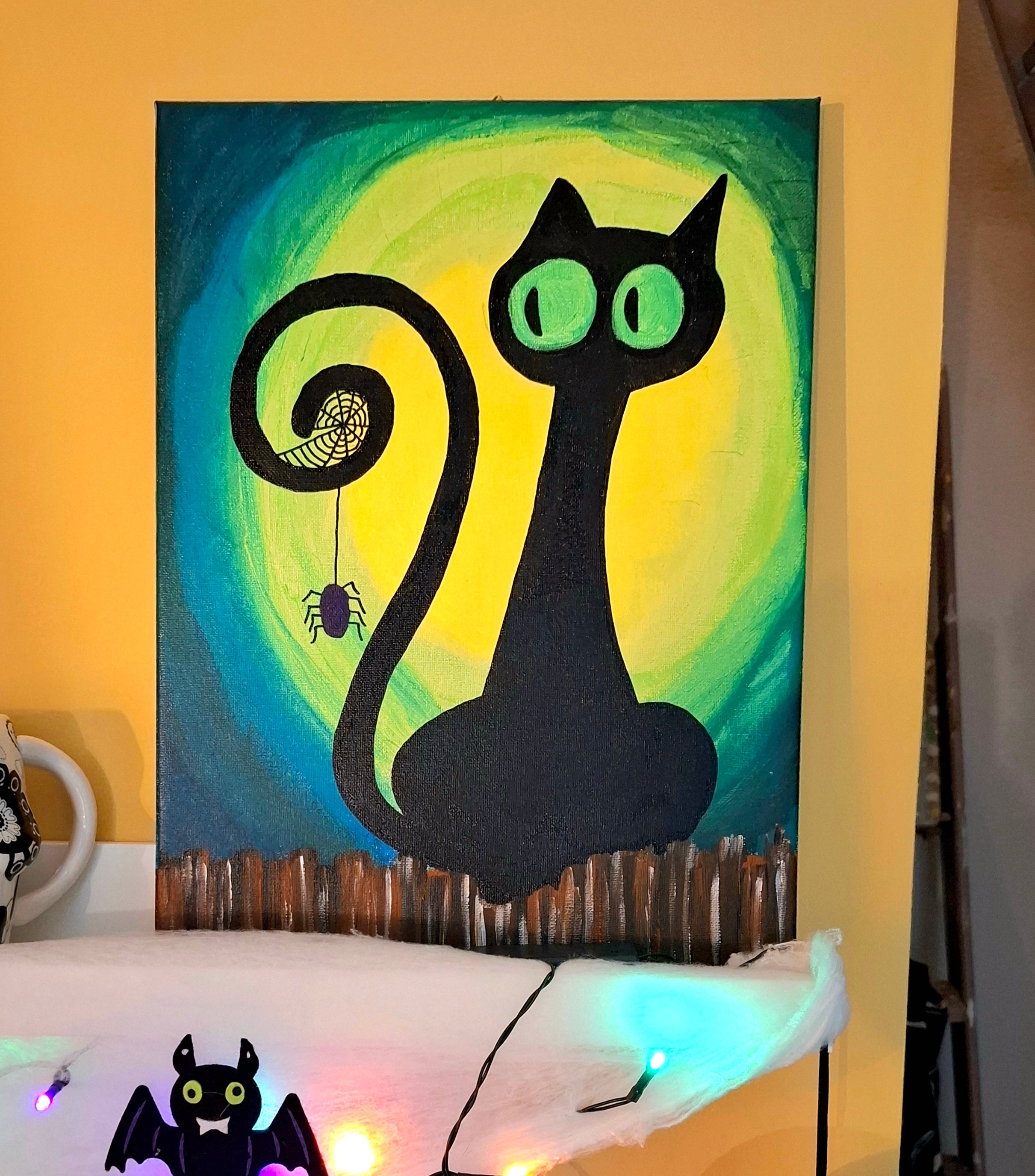 Μαύρη Γάτα με Πράσινα Μάτια – Ακρυλικός Πίνακας σε Καμβά